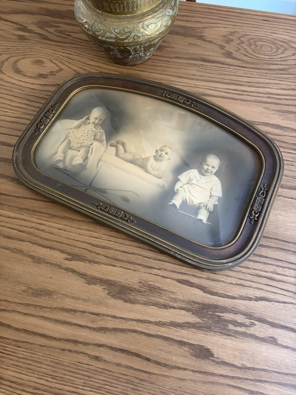 Antique 1900 Ornate Wooden Frame With Convex Glass